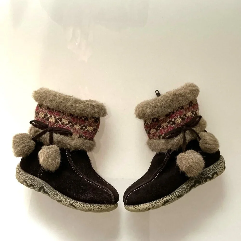 Cherokee Toddler Girls Winter Boots Size 6 Brown Suede Fair Isle Pom -Pom